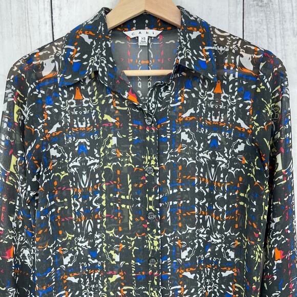 Cabi XS Gray Sheer Festival Top Blouse Button Up Style #129 - Picture 1 of 9